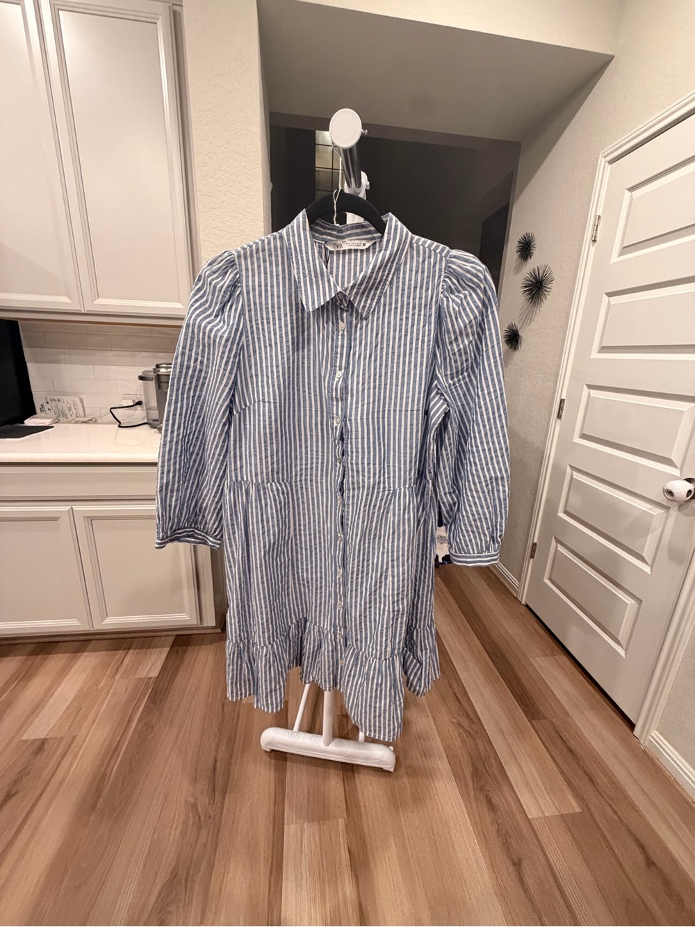 Zara Blue and White Striped Button-Down Mini Dress